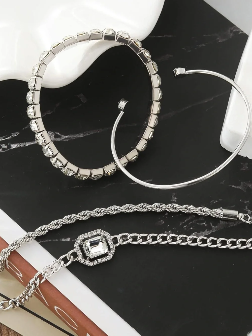 Anthropologie Silver Crystal Chain Bracelet Set